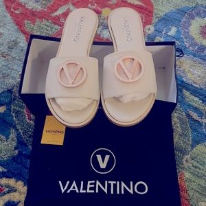 Valentino Sandals in cream/beige and rose gold logo buckle. Worn once. Size 37